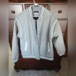 NWOT, Gray Varsity Jacket with White Stripes